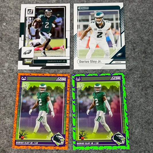 Four Darius Slay Jr. Philadelphia Eagles football trading cards from 2022 to 2024