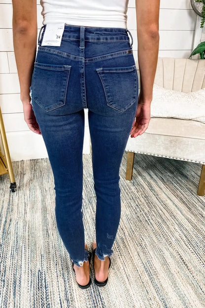 Dark Blue Leopard Patch Distressed Skinny Jeans with relaxed fit and distressed hems