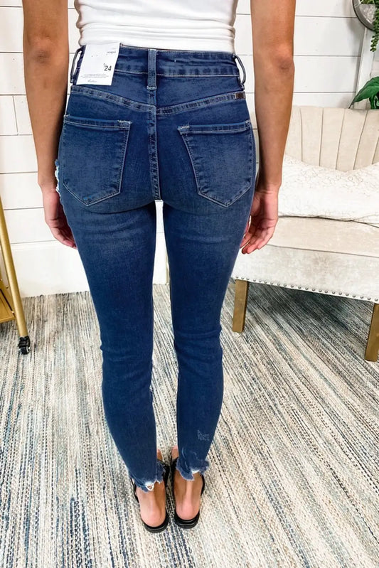 Dark Blue Leopard Patch Distressed Skinny Jeans with relaxed fit and distressed hems