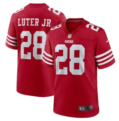 Red NFL football jersey with white numbers and stripes, representing Darrell Luter Jr. San Francisco 49ers Nike Game Jersey Scarlet