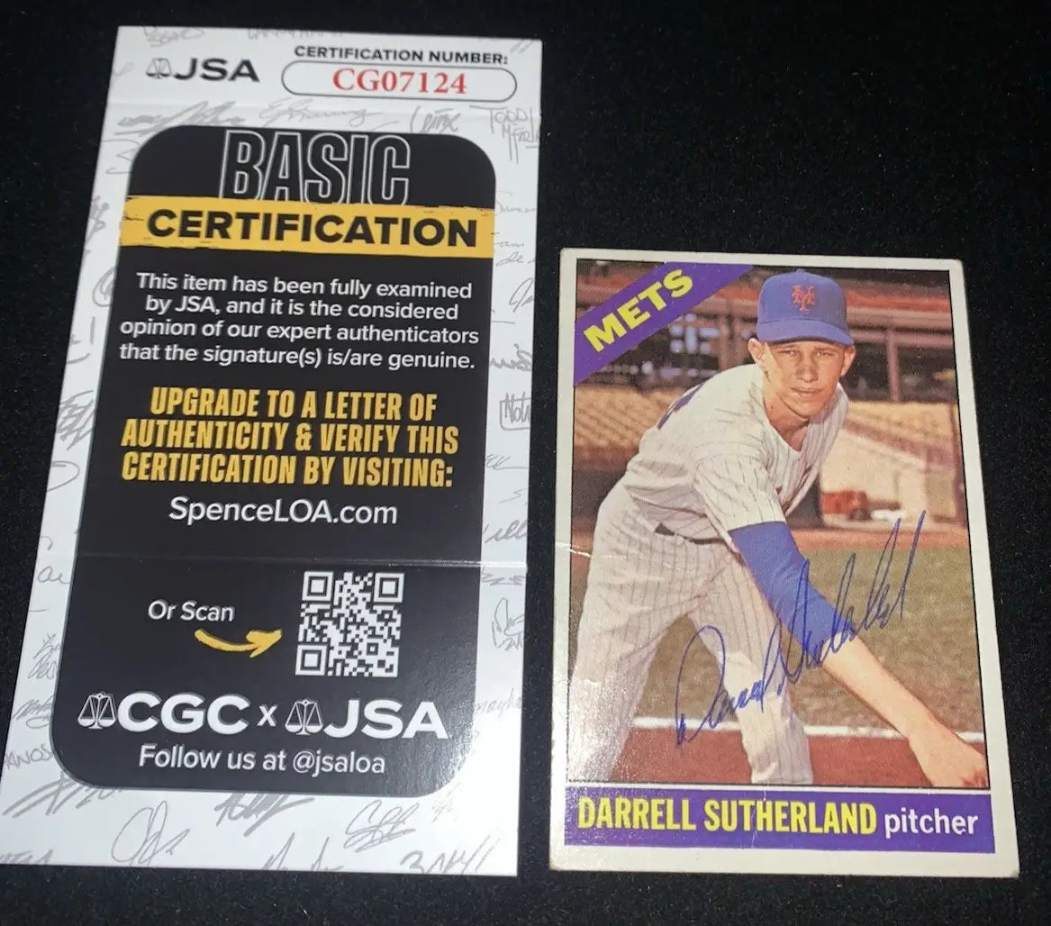 Autographed Darrell Sutherland baseball card with JSA certification from York Mets sports trading cards