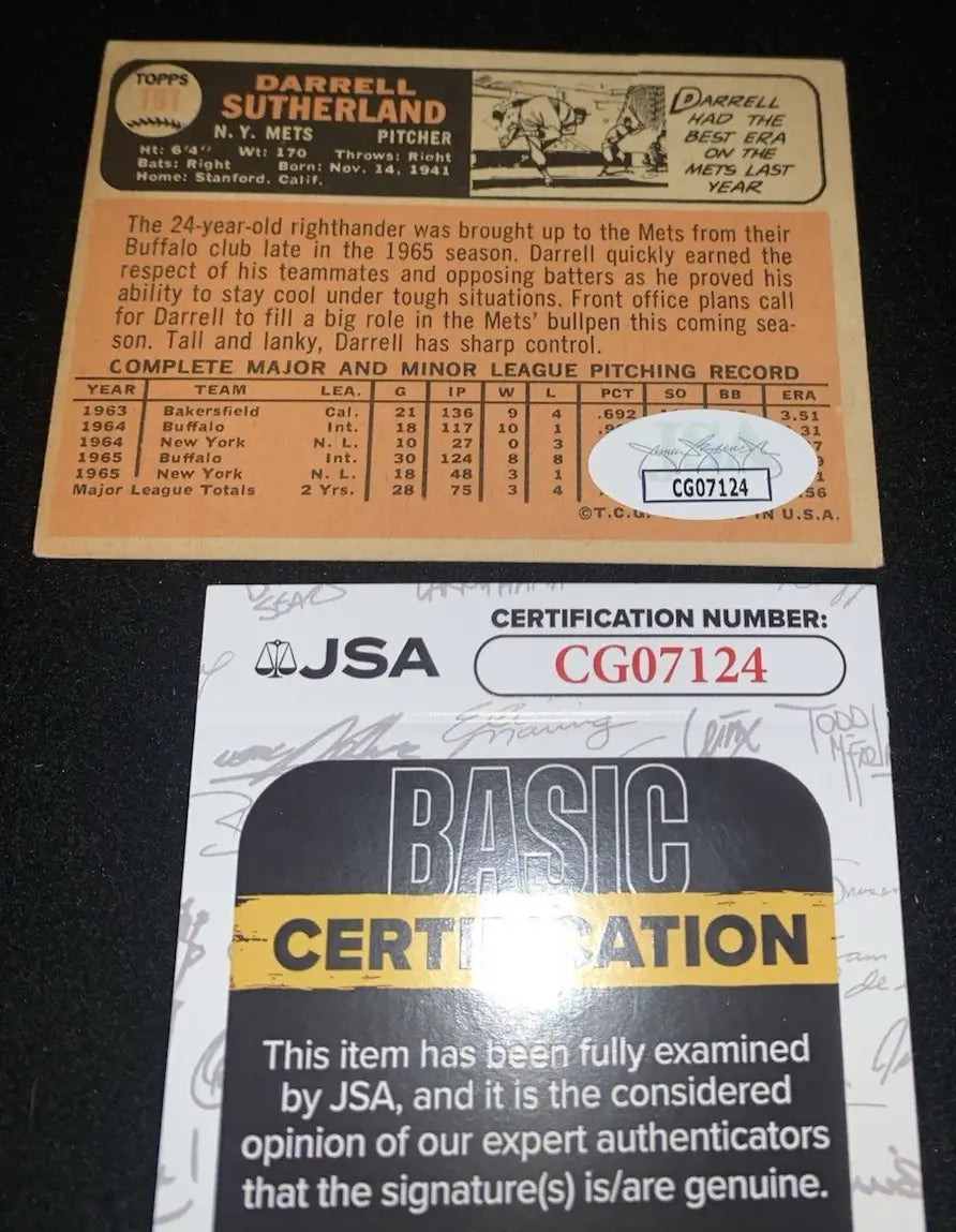 Signed Darrell Sutherland 1966 Topps sports trading card with authentication NY Mets