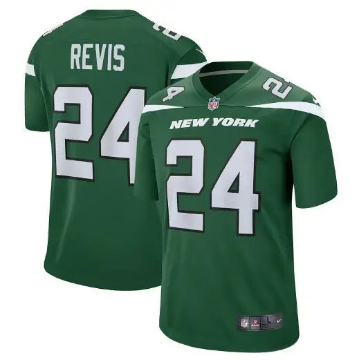 Green New York Jets Nike Legacy Darrelle Revis game jersey with number 24 and REVIS