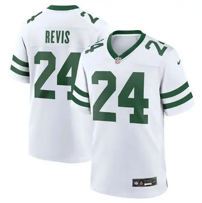 White New York Jets Nike Revis retired player jersey with green accents perfect for fans