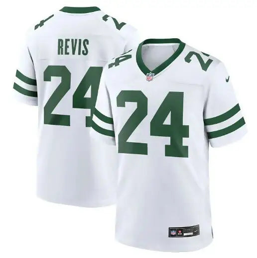 White New York Jets Nike Revis retired player jersey with green accents perfect for fans