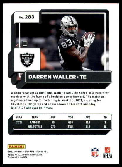 Darren Waller football card from 2022 Donruss series, Las Vegas Raiders collectible
