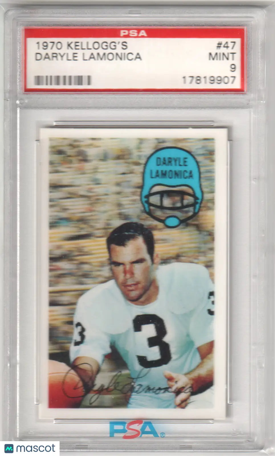 1970 Kellogg’s Daryle Lamonica football card graded PSA 9 Mint from Columbia Hobby