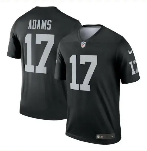Black NFL Raiders jersey with Adams Las Vegas and 17 in silver, perfect for fans