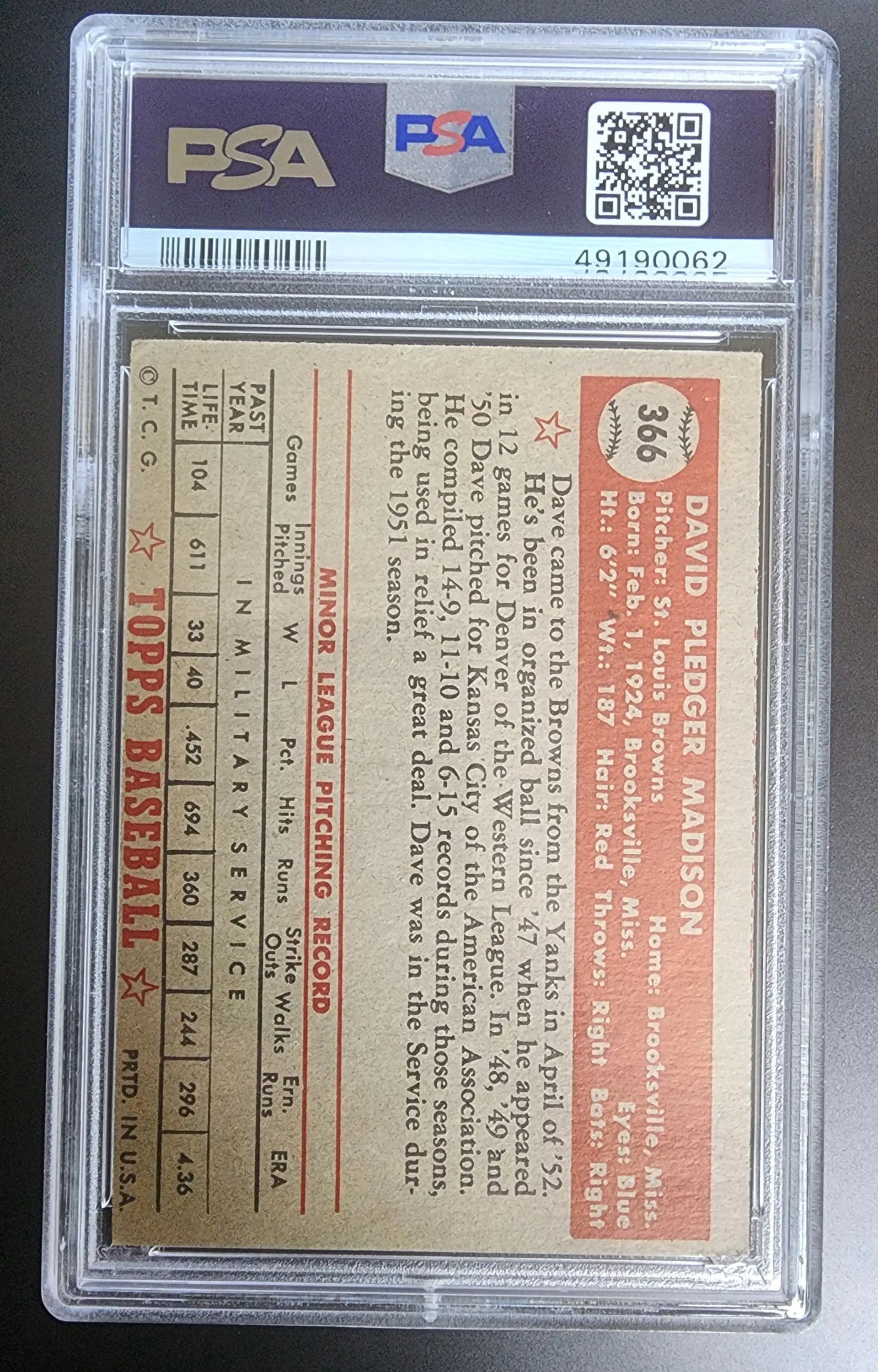 PSA-graded Dave Madison 1952 Topps #366 trading card reverse side with stats