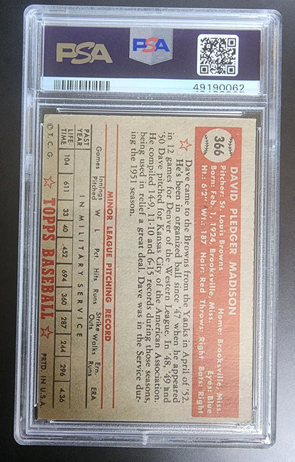 PSA-graded Dave Madison 1952 Topps #366 trading card reverse side with stats