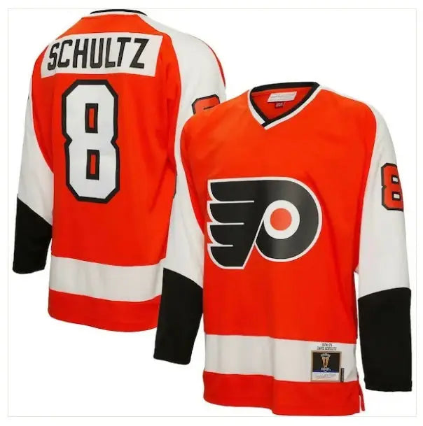 Orange, white, and black Philadelphia Flyers hockey jersey with Schultz 8 on back