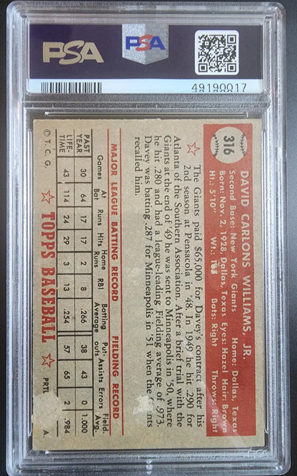 Back of Davey Williams 1952 Topps #316 trading card with statistics and details
