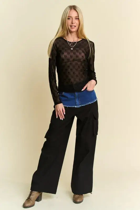 Black lace long-sleeve top with mesh round neck and denim waistband for stylish look