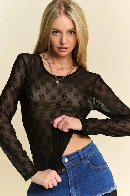 Black lace long-sleeve top with bow design and ribbed fabric, Davi & Dani Bow Mesh Round Neck Top