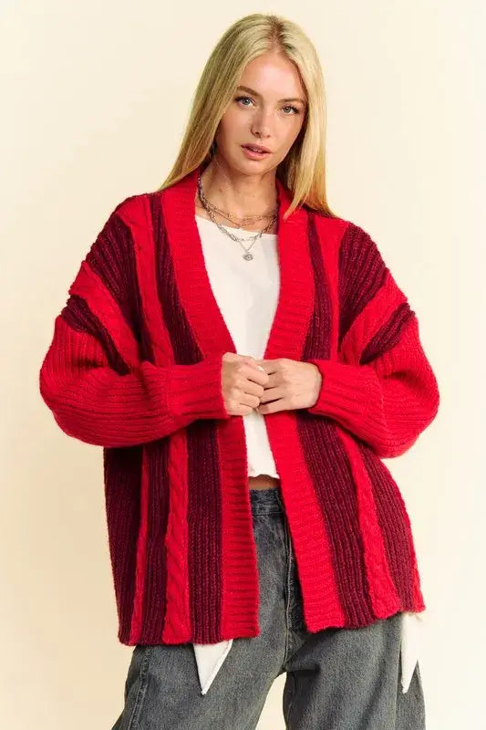 Davi & Dani Cable-Knit Color Block Open Front Cardigan - Burgundy / S - Sweaters & Cardigans/Cardigans