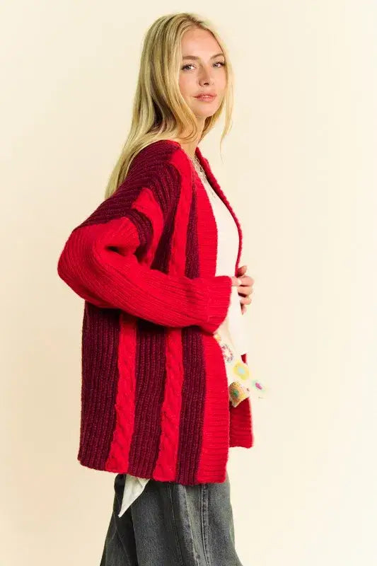 Davi & Dani Cable-Knit Color Block Open Front Cardigan - Sweaters & Cardigans/Cardigans