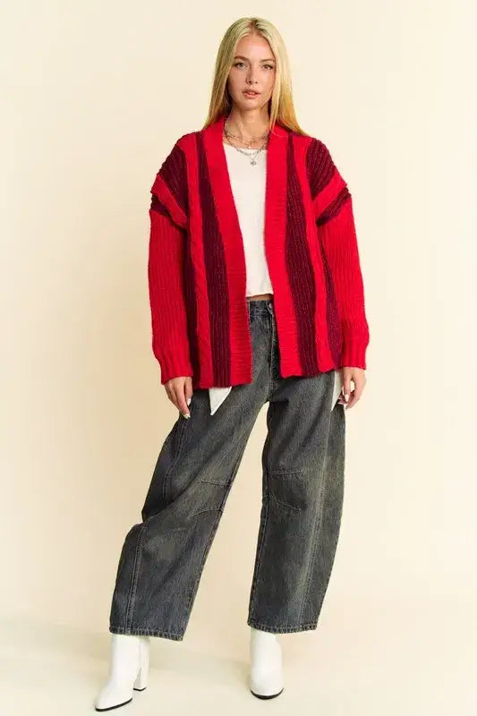 Davi & Dani Cable-Knit Color Block Open Front Cardigan - Sweaters & Cardigans/Cardigans