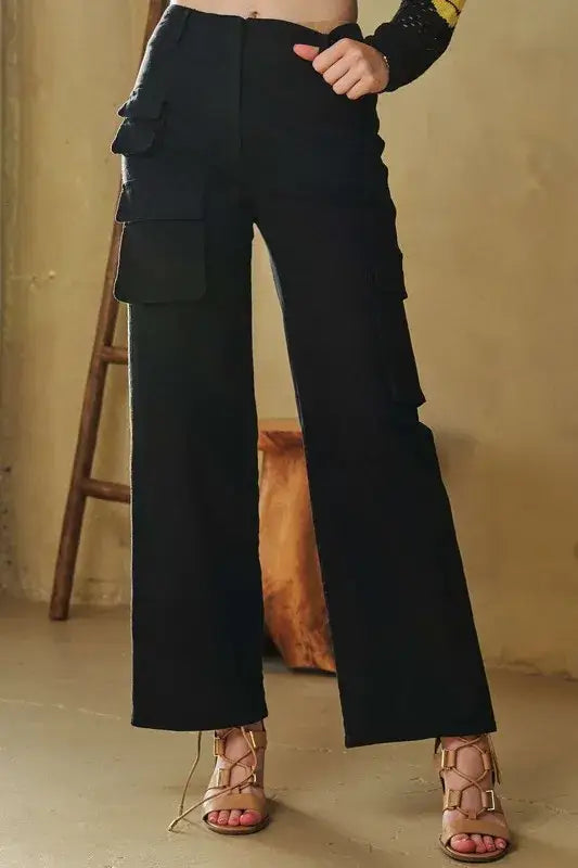 Davi & Dani Flap Pocket Mid Rise Cargo Pants - Black / S - Cargo Flared Pants