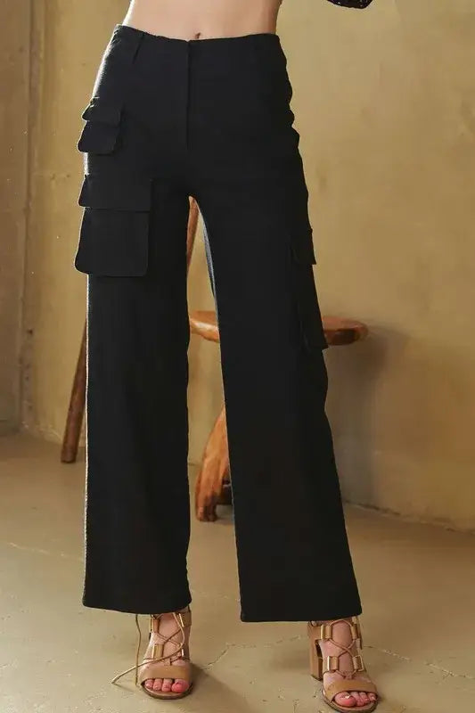 Davi & Dani Flap Pocket Mid Rise Cargo Pants - Cargo Flared Pants