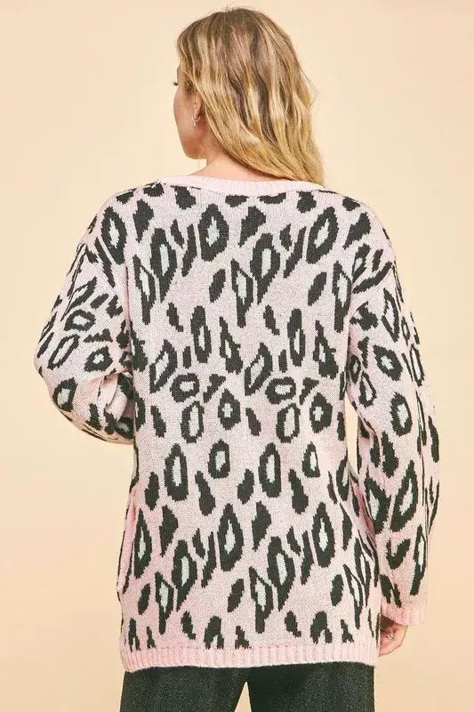 Davi & Dani Leopard Ribbon Tie Front Loose Fit Cardigan - Sweaters & Cardigans/Cardigans