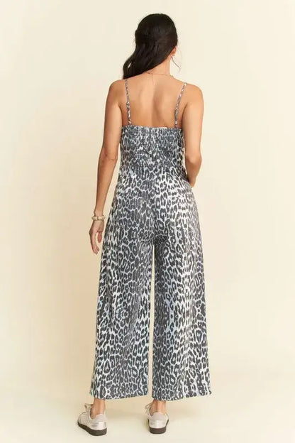 Davi & Dani Leopard Spaghetti Straps Wide Leg Jumpsuit