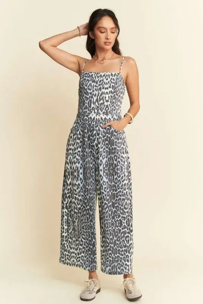 Davi & Dani Leopard Spaghetti Straps Wide Leg Jumpsuit