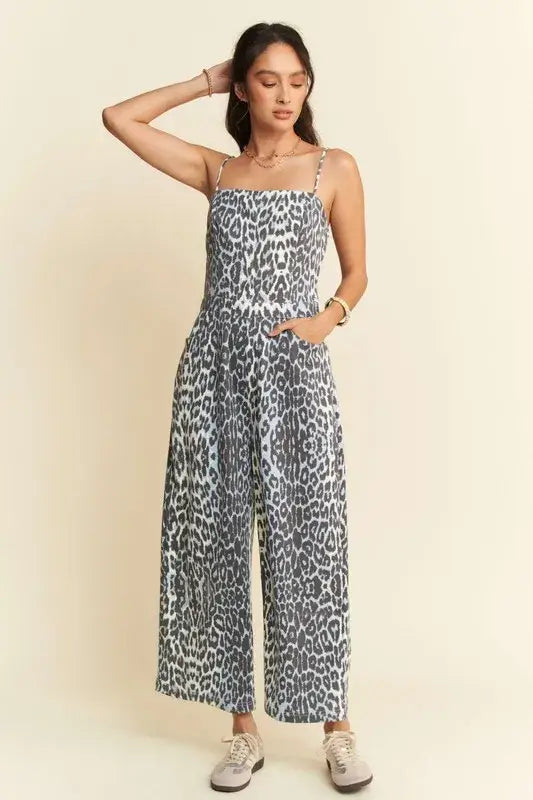 Davi & Dani Leopard Spaghetti Straps Wide Leg Jumpsuit
