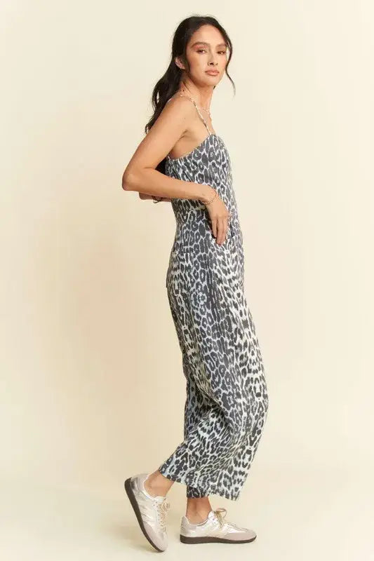 Davi & Dani Leopard Spaghetti Straps Wide Leg Jumpsuit