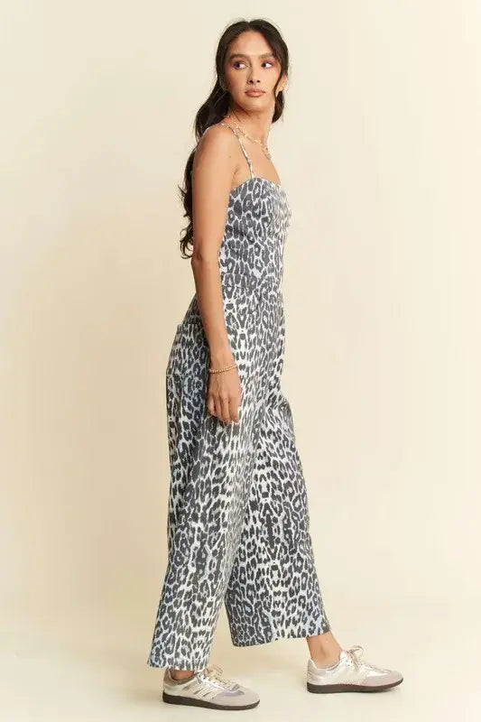 Davi & Dani Leopard Spaghetti Straps Wide Leg Jumpsuit