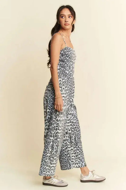 Davi & Dani Leopard Spaghetti Straps Wide Leg Jumpsuit
