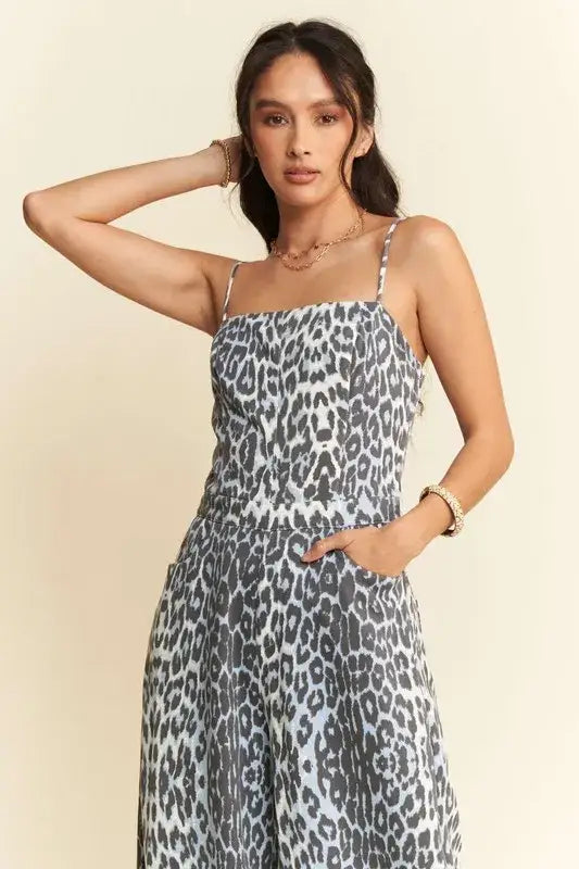 Davi & Dani Leopard Spaghetti Straps Wide Leg Jumpsuit