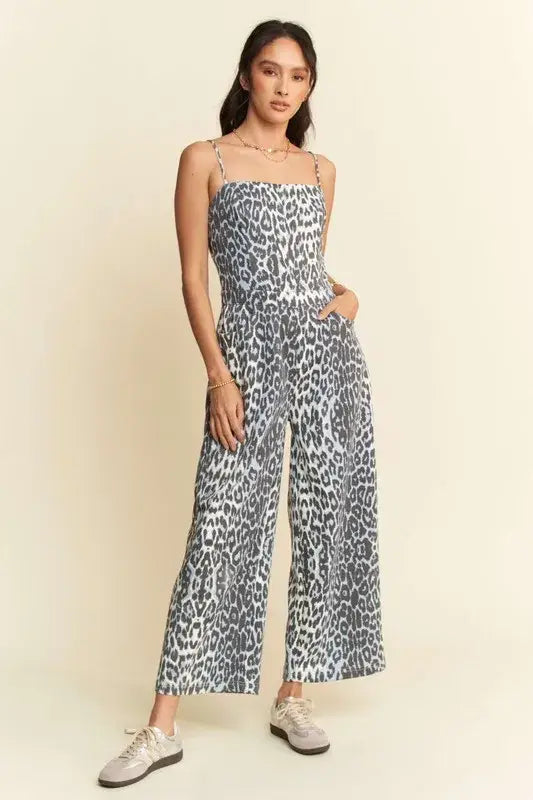 Davi & Dani Leopard Spaghetti Straps Wide Leg Jumpsuit - Blue Leopard / S