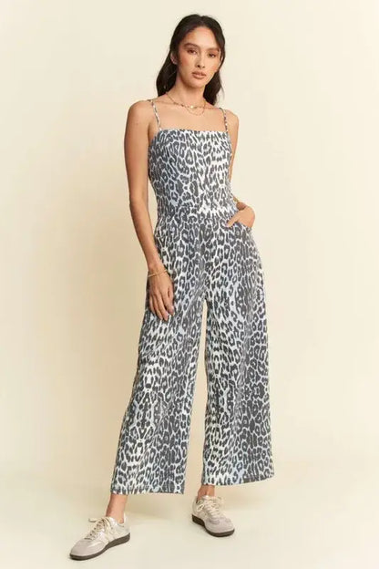 Davi & Dani Leopard Spaghetti Straps Wide Leg Jumpsuit - Blue Leopard / S