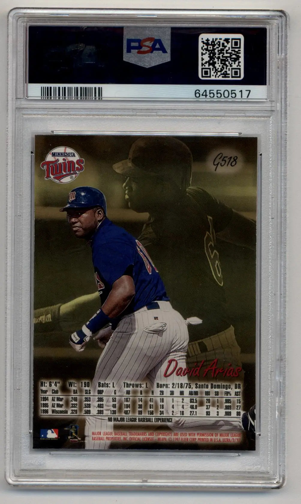 David Arias Ultra Gold Medallion 1997 PSA 9 Mint baseball card in graded slab