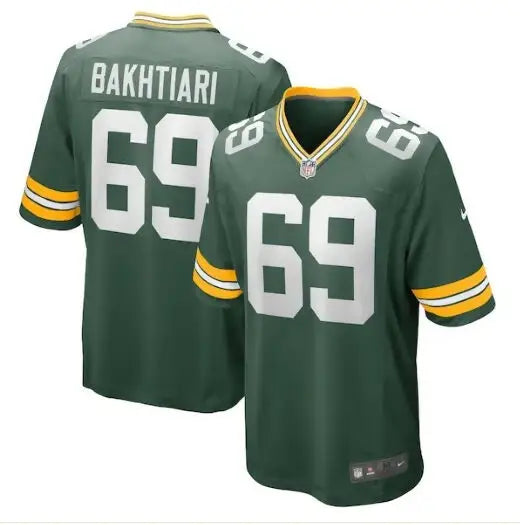 Two green Green Bay Packers Nike Game Team Jerseys with number 69 and BAKHTIARI on back