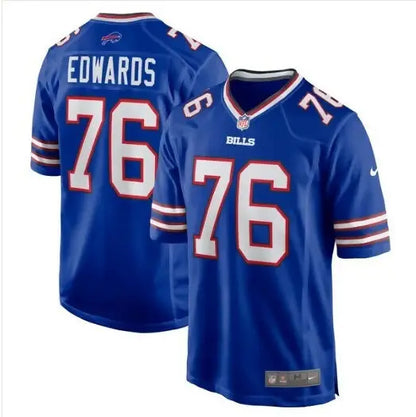 Two blue Buffalo Bills Nike Game Jerseys featuring David Edwards number 76