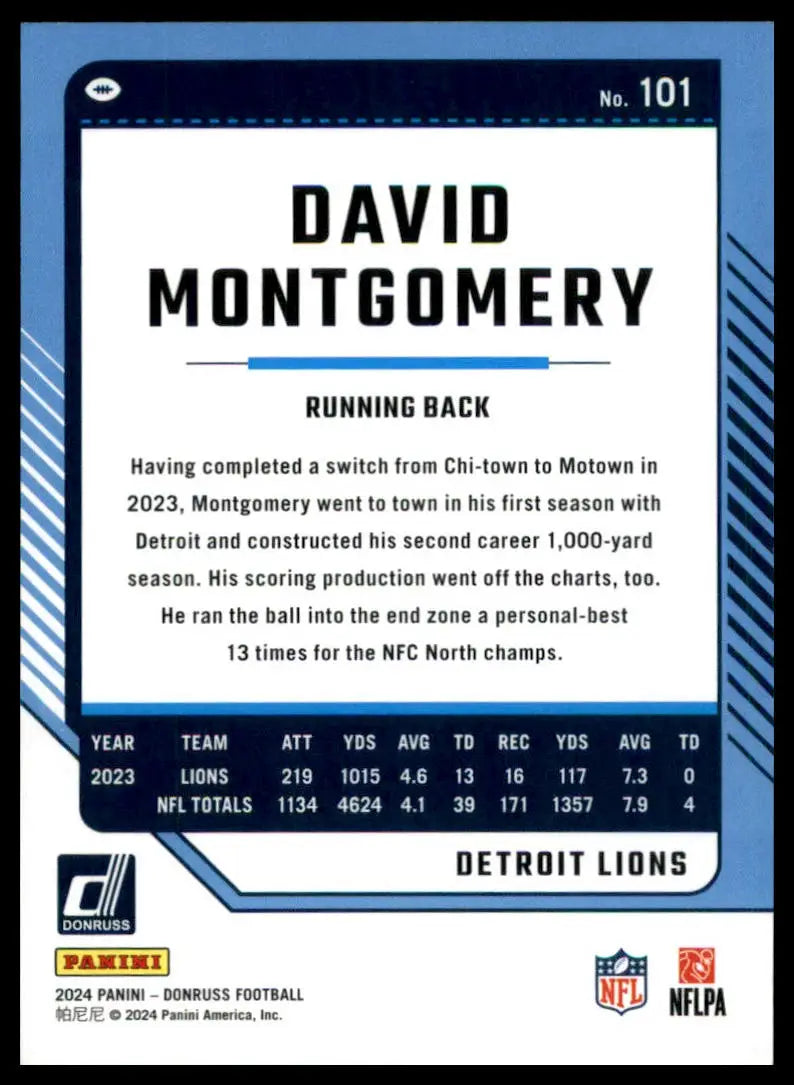David Montgomery football card from 2024 Donruss Detroit Lions product