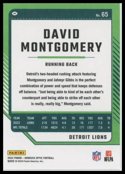 Football trading card of David Montgomery from Donruss Optic 2024 Detroit Lions product