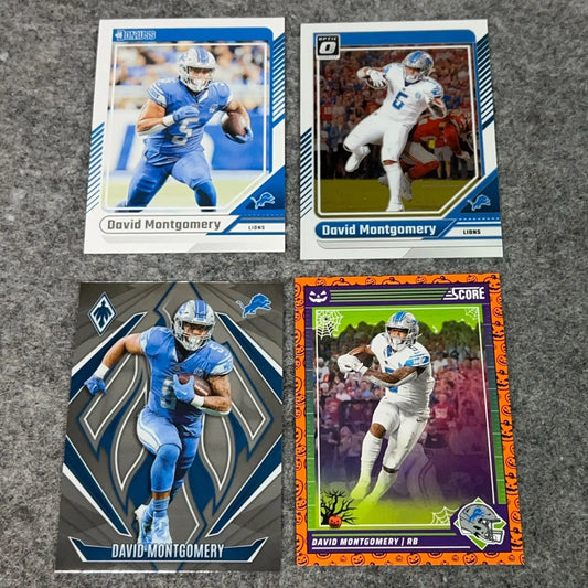 Four David Montgomery Detroit Lions 2024 NFL football trading cards displayed in product image