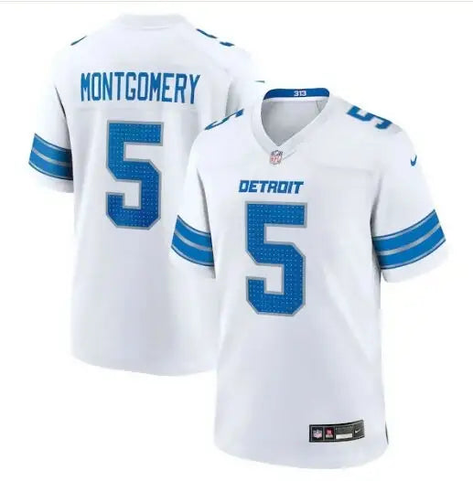 White Detroit Lions David Montgomery #5 Nike Game Jersey with blue accents