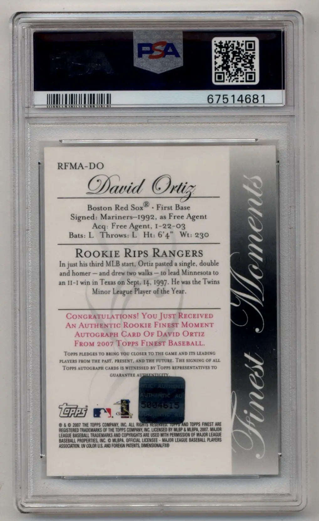 David Ortiz 2007 Finest Moments Auto PSA 10 Gem Mint in protective case with QR code