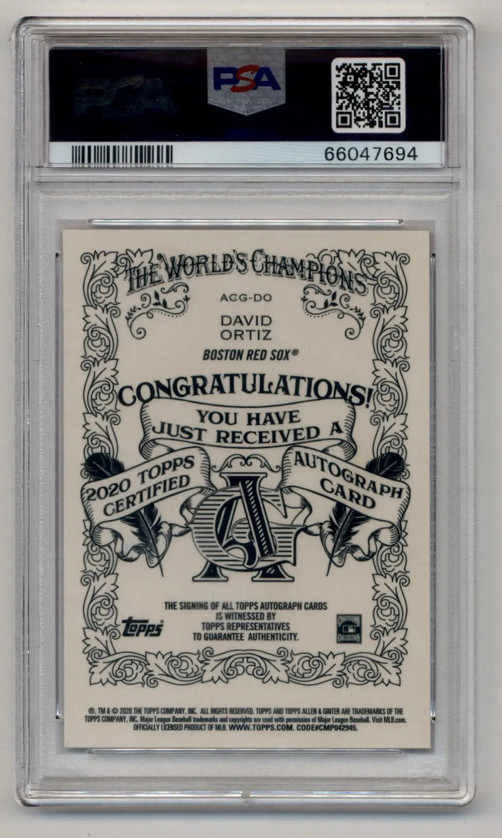 PSA-graded David Ortiz 2020 Allen and Ginter Red Refractor Auto 3/5 with ornate design