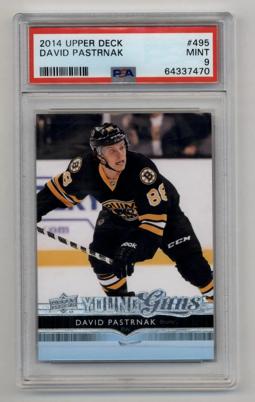 PSA-graded David Pastrnak 2014 Upper Deck Young Gun card featuring Boston Bruins player
