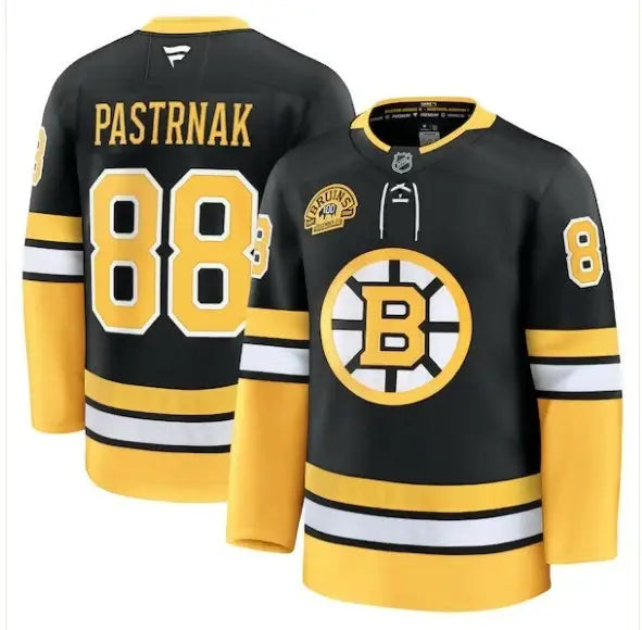 Black and gold David Pastrnak Boston Bruins alternate 100th anniversary premium hockey jersey