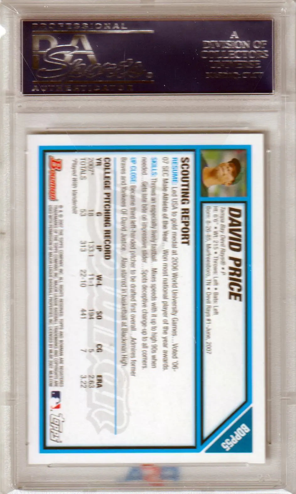 David Price 2007 Bowman Draft Picks RC baseball card from Columbia Hobby, PSA 10 gem mint