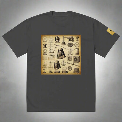 Dark grey DAVINCI unisex oversized graphic t-shirt with scientific inventions and portraits