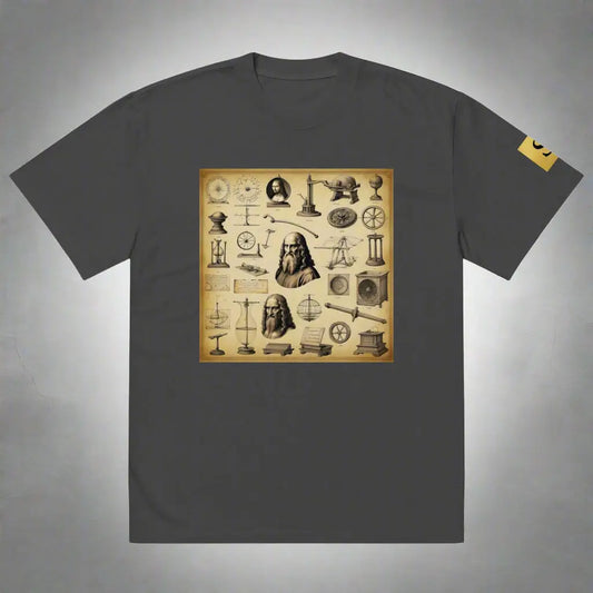 Dark grey DAVINCI unisex oversized graphic t-shirt with scientific inventions and portraits