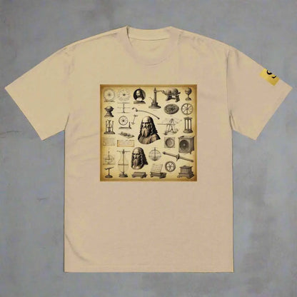 Light-colored Davinci unisex oversized graphic print t-shirt with antique scientific instruments