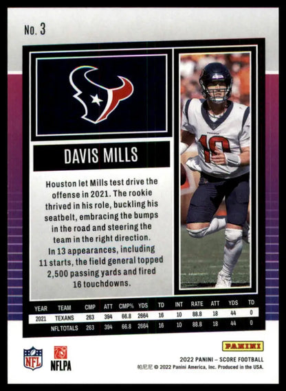 Davis Mills football card from 2022 Score series showcasing Houston Texans player