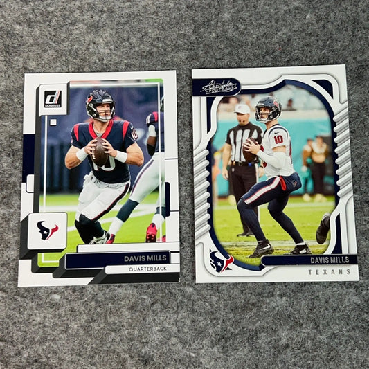 Two Davis Mills Houston Texans football trading cards in a Panini NFL sports product